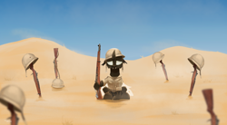 Size: 1920x1062 | Tagged: safe, artist:hardbrony, species:changeling, clothing, commission, desert, grave, gun, helmet, implied death, looking at you, sad, saddle arabia, sitting, soldier, solo, war, weapon