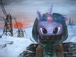 Size: 2592x1944 | Tagged: safe, artist:quiet-victories, character:twilight sparkle, character:twilight sparkle (unicorn), species:pony, species:unicorn, g4, clothing, female, hoodie, looking at you, mare, photoshop, power line, scarf, snow, snowfall, solo, sunset, traditional art, winter