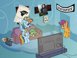 Size: 1200x900 | Tagged: safe, artist:m.w., character:rainbow dash, character:scootaloo, character:tank, species:pegasus, species:pony, /mlp/, baseball cap, calendar, cap, clothing, couch, daenerys targaryen, game of thrones, hat, jon snow, pennant, poster, scarf, television, trash can, watching tv