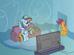 Size: 1200x900 | Tagged: safe, alternate version, artist:m.w., character:rainbow dash, character:scootaloo, character:tank, species:pegasus, species:pony, /mlp/, baseball cap, cap, clothing, couch, hat, pennant, scarf, television, watching tv