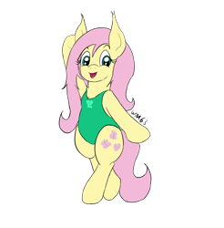 Size: 2712x2759 | Tagged: safe, artist:wapamario63, character:fluttershy, species:pegasus, species:pony, bipedal, clothing, cute, female, green swimsuit, happy, mare, one-piece swimsuit, open mouth, solo, swimsuit