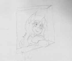 Size: 2324x1975 | Tagged: safe, artist:wapamario63, character:fluttershy, species:pony, cute, female, looking out the window, looking up, monochrome, sketch, solo, traditional art, window