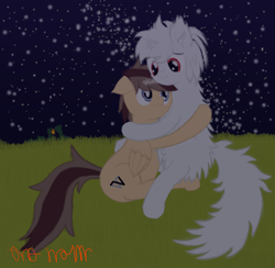 Size: 4000x3900 | Tagged: safe, artist:onil innarin, oc, oc only, oc:asla praki, species:pony, albino, duo, female, fluffy, grass, grass field, hug, looking at each other, male, mare, night, original species, red eyes, scenery, signature, snuggling, stallion, stars, white mane
