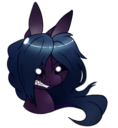Size: 532x573 | Tagged: safe, artist:sinamuna, oc, oc only, oc:minera, species:pony, angry, art trade, black sclera, blue hair, bust, glowing eyes, gritted teeth, growling, gums, long ears, long hair, purple fur, sharp teeth, simple background, solo, tall ears, teeth, transparent background