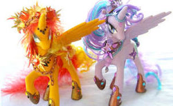 Size: 302x186 | Tagged: safe, artist:lightningsilver-mana, character:starlight glimmer, character:sunset shimmer, species:alicorn, species:pony, g4, brony, brony convention, craft, custom, feather, handmade, irl, my little pony, paint, painted, photo, toy, unipeg