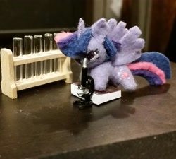 Size: 2040x1836 | Tagged: safe, artist:tinyequine, character:twilight sparkle, character:twilight sparkle (alicorn), species:alicorn, species:pony, book, female, irl, microscope, miniature, photo, plushie, science, solo, test tube