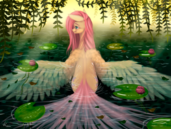 Size: 3417x2580 | Tagged: safe, artist:vinicius040598, character:fluttershy, species:pegasus, species:pony, big wings, female, lily pad, mare, solo, spread wings, water, wing fluff, wings
