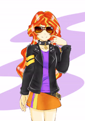 Size: 4299x6070 | Tagged: safe, artist:dragonemperror2810, character:sunset shimmer, my little pony:equestria girls, absurd resolution, clothing, collar, female, jacket, smiling, solo, sunglasses