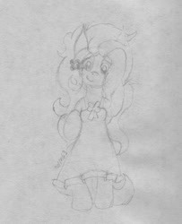 Size: 1280x1576 | Tagged: safe, artist:wapamario63, character:fluttershy, species:pony, bipedal, clothing, cute, dress, female, messy mane, monochrome, ribbon, sketch, solo, traditional art