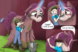 Size: 3000x2008 | Tagged: safe, artist:cactuscowboydan, commissioner:bigonionbean, oc, oc:king speedy hooves, oc:tommy the human, species:alicorn, species:human, species:pony, aftermath, alicorn oc, boots, brush, clothing, dialogue, dirty, father and son, fusion, fusion:king speedy hooves, giggling, glowing horn, hat, horn, horses doing horse things, hug, hugging a pony, human oc, magic, male, mud, overalls, scrubbing, shoes, snorting, stallion, telekinesis, washing