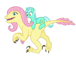 Size: 3200x2400 | Tagged: safe, artist:devfield, character:fluttershy, character:lyra heartstrings, oc, oc:raptorshy, species:pony, species:unicorn, avian, claws, clever girl, context is for the weak, cretaceous, cute, deinonychus, dinosaur, dinosaurified, dromeosaur, evolution, female, frown, gritted teeth, happy, high res, intelligence, looking down, lyrabetes, mainraptora, mare, open mouth, pack hunter, pink hair, ponies riding dinosaurs, prone, reptilians, riding, scared, shadow, sharp teeth, show accurate, shyabetes, simple background, size difference, smiling, species swap, standing, tack, tail, teeth, theropod, transparent background, two toned mane, utahraptor, velociraptor, veloshyraptor, what has science done, what in the everlasting fuck, wide eyes, worried, wtf
