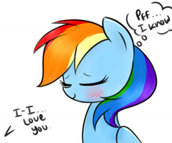 Size: 1280x1067 | Tagged: safe, artist:darkynez, character:rainbow dash, species:pegasus, species:pony, blushing, cute, dashabetes, dialogue, eyes closed, female, offscreen character, simple background, solo, thought bubble, waifu, white background