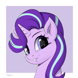 Size: 2000x2000 | Tagged: safe, artist:hardbrony, character:starlight glimmer, species:pony, species:unicorn, abstract background, bust, cheek fluff, cute, ear fluff, female, glimmerbetes, horn, lip bite, looking at you, mare, portrait, smiling, solo