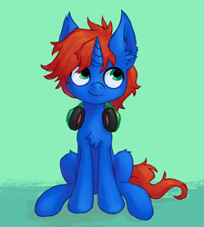 Size: 1600x1789 | Tagged: safe, artist:orchidpony, oc, oc only, oc:cyberpon3, species:pony, species:unicorn, ear fluff, headphones, looking away, male, simple background, sitting, stallion