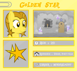Size: 5400x5000 | Tagged: safe, artist:devfield, oc, oc:golden star, species:pony, archway, backstory, boulder, bust, candle, candlelight, cave, crystal, cutie mark, door, female, gem, glow, keyhole, mare, paperclip, rock, shine, side view, smiling, solo, stalactite, stars, template, text, two toned mane, wood