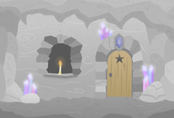 Size: 3400x2300 | Tagged: safe, artist:devfield, archway, boulder, candle, candlelight, cave, crystal, door, gem, glow, keyhole, no pony, rock, stalactite, stars, wood