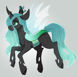 Size: 634x629 | Tagged: safe, artist:sararini, oc, oc:crann taca, oc:queen crann, species:changeling, changeling queen, crown, cute, female, gray background, jewelry, not chrysalis, profile, regalia, simple background, solo
