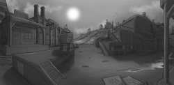 Size: 2000x977 | Tagged: safe, artist:theomegaridley, fallout equestria, background, barn, barrel, cherry hill ranch, cloud, concept art, desert, dodge city, environment art, factory, fallout equestria: red 36, fanfic art, industry, monochrome, no pony, post-apocalyptic, poster, saloon, scenery, sky, storage, sun, train station, wasteland, western, wood