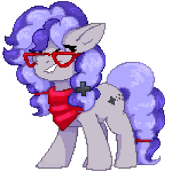 Size: 1500x1500 | Tagged: safe, artist:flysouldragon, oc, oc only, oc:cinnabyte, species:earth pony, species:pony, bandana, curvy, eyes closed, female, glasses, mare, neckerchief, pixel art, simple background, solo, transparent background, ych result