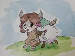 Size: 5120x3840 | Tagged: safe, artist:lightisanasshole, character:yona, species:pony, species:sheep, species:yak, adorkable, bow, cloven hooves, crossover, cute, dork, duo, female, grass, grass field, hair bow, happy, monkey swings, pet, pokemon sword and shield, pokémon, running, solo, traditional art, watercolor painting, wooloo, yonadorable