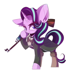 Size: 1958x2000 | Tagged: safe, artist:hagalazka, character:starlight glimmer, species:pony, species:unicorn, boots, clothing, colored outlines, commission, female, gun, impossibly large ears, looking at you, mare, shirt, shoes, simple background, solo, transparent background, weapon