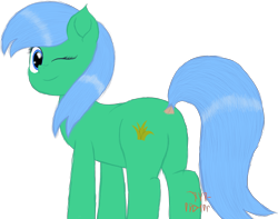 Size: 3277x2581 | Tagged: safe, artist:onil innarin, oc, oc:kruti napatum, species:earth pony, species:pony, butt, cute, dock, female, looking at you, looking back, looking back at you, one eye closed, plot, signature, simple background, smiling, transparent background, wink