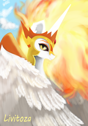 Size: 2320x3296 | Tagged: safe, artist:livitoza, character:daybreaker, character:princess celestia, species:pony, bust, female, folded wings, mane of fire, portrait, signature, smiling, solo, wings