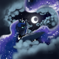 Size: 700x700 | Tagged: safe, artist:livitoza, character:princess luna, species:pony, ethereal mane, female, galaxy mane, hair over one eye, moon, night, prone, signature, sitting on a cloud, solo, stars
