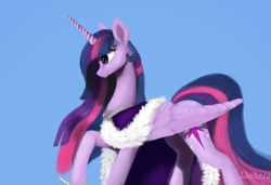 Size: 3400x2322 | Tagged: safe, artist:livitoza, character:twilight sparkle, character:twilight sparkle (alicorn), species:alicorn, species:pony, blue background, cloak, clothing, female, hoof shoes, mare, older, peytral, profile, signature, simple background, smiling, solo