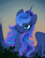 Size: 2322x3000 | Tagged: safe, artist:livitoza, character:princess luna, species:alicorn, species:pony, bust, ethereal mane, female, galaxy mane, hair over one eye, mare, portrait, signature, smiling, solo, spread wings, wings