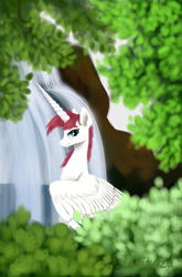 Size: 450x680 | Tagged: safe, artist:livitoza, oc, oc only, oc:fausticorn, species:alicorn, species:pony, female, horn, leaves, long horn, looking at you, mare, ponified, smiling, solo, waterfall