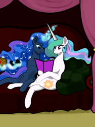 Size: 450x600 | Tagged: safe, artist:livitoza, character:princess celestia, character:princess luna, species:alicorn, species:pony, gamer luna, book, chips, controller, couch, curtain, duo, eating, ethereal mane, female, food, galaxy mane, glowing horn, horn, horns are touching, long horn, magic, mare, missing accessory, pillow, reading, siblings, sisters, sitting, smiling, telekinesis