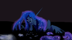 Size: 4128x2322 | Tagged: safe, artist:livitoza, character:princess luna, species:alicorn, species:pony, abstract background, crying, ethereal mane, eyes closed, female, floppy ears, galaxy mane, mare, missing accessory, open mouth, shadow, solo, surreal