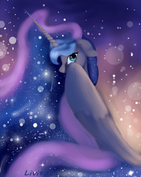 Size: 2322x2900 | Tagged: safe, artist:livitoza, character:princess luna, species:alicorn, species:pony, covering, ethereal mane, eye reflection, female, floppy ears, galaxy mane, looking at you, mare, missing accessory, reflection, shooting star, smiling, solo, wing covering