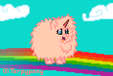 Size: 472x316 | Tagged: safe, artist:torpy-ponius, oc, oc only, oc:fluffle puff, species:pony, pony town, episode:dancing in the clouds, g3, animated, blue sky, cloud, dancing, fanart, fluffy, gif, pink, pink fluffy unicorns dancing on rainbows, pixel animation, pixel art, rainbow, sky