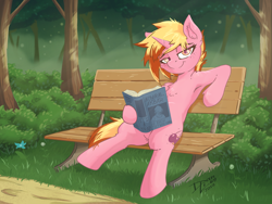 Size: 3840x2880 | Tagged: safe, artist:danli69, oc, oc only, oc:cherry popper, species:pony, species:unicorn, admiral ackbar, armpits, bedroom eyes, bench, book, crossover, femboy, foliage, it's a trap, looking at you, male, semi-anthro, sitting, solo, star wars, trap