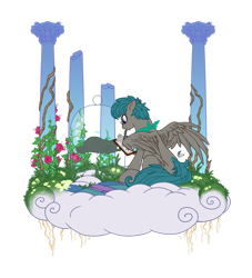 Size: 1280x1412 | Tagged: safe, artist:hexfloog, oc, oc only, oc:vanguard velocity, species:pegasus, species:pony, clipboard, cloud, commission, flower, glass case, glasses, mouth hold, pen, pillar, research, sitting, solo, wip