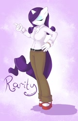 Size: 1188x1850 | Tagged: safe, artist:tesslashy, character:rarity, species:anthro, species:pony, species:unguligrade anthro, species:unicorn, bracelet, breasts, cleavage, clothing, eyes closed, female, high heels, hoof shoes, jewelry, pants, shirt, solo