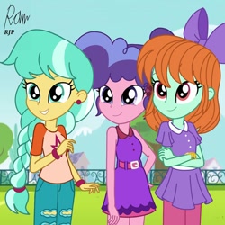 Size: 1080x1080 | Tagged: safe, artist:rjp.rammy, character:berry blend, character:berry bliss, character:citrine spark, character:fire quacker, character:peppermint goldylinks, my little pony:equestria girls, belt, blissabetes, bow, clothing, cute, ear piercing, earring, equestria girls-ified, female, friendship student, grin, hair bow, jeans, jewelry, leggings, pants, peppermint adoralinks, piercing, quackerdorable, shirt, skirt, smiling, t-shirt, torn clothes, wristband