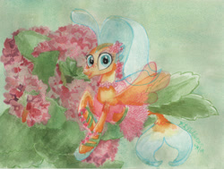 Size: 3516x2665 | Tagged: safe, artist:kelseyleah, character:princess skystar, species:seapony (g4), g4, my little pony: the movie (2017), beautiful, clothing, dress, female, flower, freckles, kalanchoe, open mouth, shoes, smiling, solo, traditional art, watercolor painting