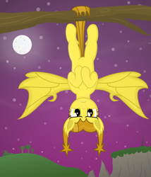 Size: 3000x3500 | Tagged: safe, artist:devfield, oc, oc:golden star, species:bat pony, species:pony, bat ears, bat wings, branches, bush, fangs, female, glare, glow, gradient background, hanging, high res, hill, moon, night, prehensile tail, shading, shadow, show accurate, solo, stars, tree, tree branch, two toned mane, two toned tail, upside down, wings