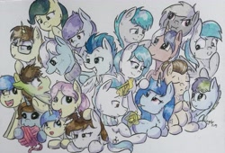 Size: 5118x3477 | Tagged: safe, artist:lightisanasshole, oc, oc only, oc:barpy, oc:bottom track, oc:delly, oc:dex, oc:dorm pony, oc:froster dune, oc:graceful motion, oc:pawsie hooves, oc:wrench, species:earth pony, species:pegasus, species:pony, species:unicorn, bedroom eyes, blue eyes, blushing, blushing profusely, boop, brown eyes, brown mane, clothing, cuddling, glasses, green eyes, group hug, group photo, group shot, happy, hug, levitation, magic, painting, scarf, silly, silly face, simple background, smiling, telekinesis, traditional art, train, unimpressed, watching, watercolor painting, white background