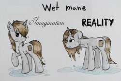 Size: 5109x3453 | Tagged: safe, artist:lightisanasshole, oc, oc:dorm pony, species:pony, species:unicorn, bedroom eyes, blushing, comic, dripping, expectation vs reality, female, funny, imagination, looking at you, painting, raised hoof, reality, reality ensues, reality sucks, sexy, solo, text, traditional art, water, watercolor painting, wet, wet mane