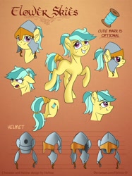 Size: 1280x1707 | Tagged: safe, artist:helmie-d, oc, oc only, oc:flower skies, species:earth pony, species:pony, butt, cute, female, freckles, helmet, looking at you, mare, ocbetes, plot, reference sheet, smiling, tail wrap