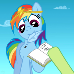 Size: 900x900 | Tagged: safe, artist:m.w., character:rainbow dash, species:pegasus, species:pony, autograph, cloud, female, mare, mouth hold, quill pen
