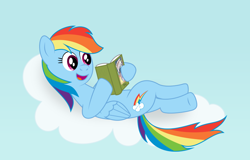 Size: 900x575 | Tagged: safe, artist:m.w., character:rainbow dash, species:pegasus, species:pony, cloud, female, mare, on a cloud, reading, solo