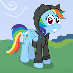 Size: 900x900 | Tagged: safe, artist:m.w., character:rainbow dash, species:pegasus, species:pony, clothing, female, hoodie, looking at you, mare, smiling, solo