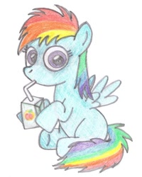 Size: 500x625 | Tagged: safe, artist:m.w., character:rainbow dash, species:pegasus, species:pony, blank flank, cute, female, filly, filly rainbow dash, juice, juice box, mare, simple background, solo, white background, younger