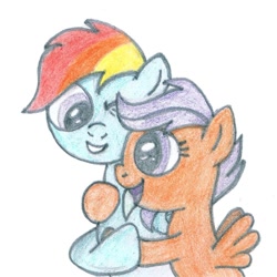 Size: 1000x1000 | Tagged: safe, artist:m.w., character:rainbow dash, character:scootaloo, species:pegasus, species:pony, cute, female, filly, hug, mare, scootalove, simple background, white background