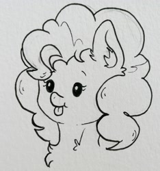 Size: 3387x3616 | Tagged: safe, artist:lightisanasshole, character:pinkie pie, species:earth pony, species:pony, :t, adorkable, baby, baby eyes, baby pony, blep, bust, cheek fluff, chest fluff, cute, dawwww, diapinkes, dork, ear fluff, female, fluffy, fluffy mane, head only, monochrome, neck fluff, pfft, portrait, raised eyebrow, sketch, solo, tongue out, traditional art